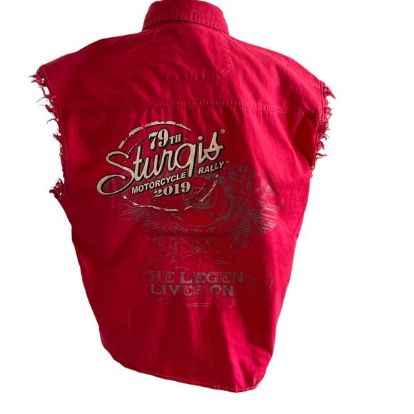 Sturgis Sleeveless Shirt Men's Size Large Red Raw Hem 2019 Motorcycle Rally - Picture 3 of 13